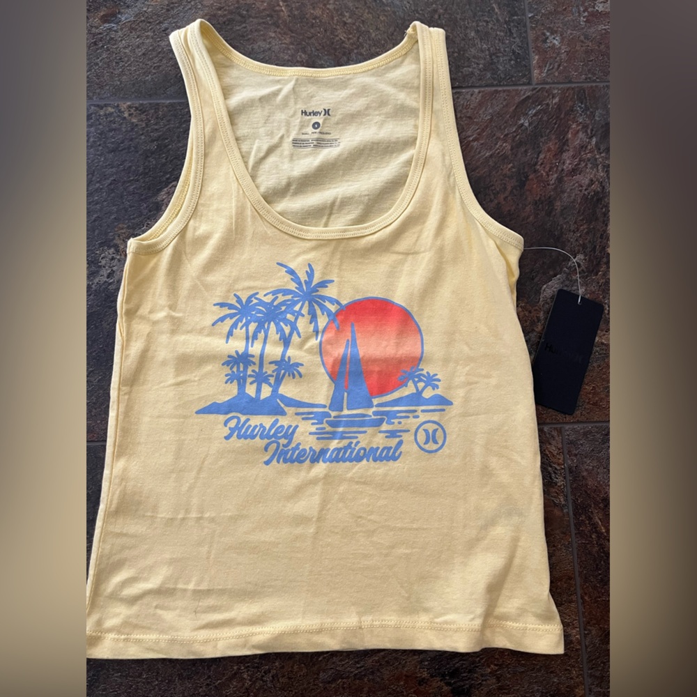 New women’s Hurley yellow pull over cotton silkscreen tank top. Size small - Picture 7 of 11
